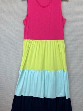 Lands' End Womens Tiered Maxi Dress Sleeveless Colorblock Med Colorful Beach EUC